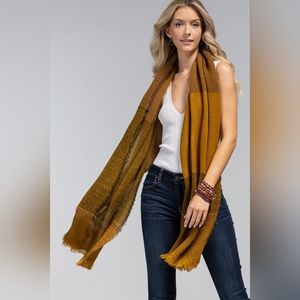 Textured Scarf w/ Multiple Tones & Frayed Edge in Mustard / Brown